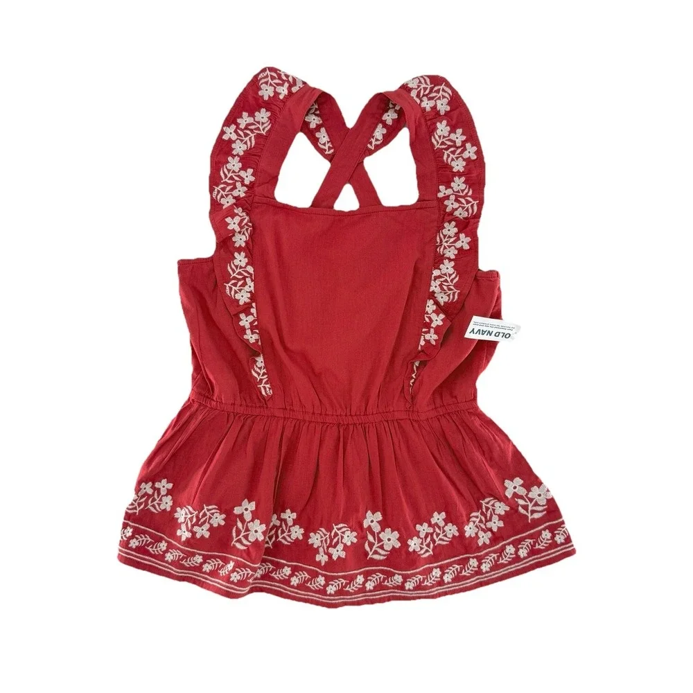Old Navy Girls Sleeveless Red Embroidered‎ Ruffled Apron Style Top XL Cottage